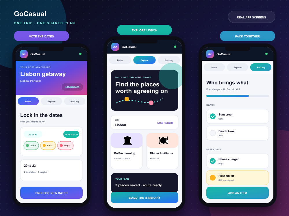 GoCasual travel planning app screens