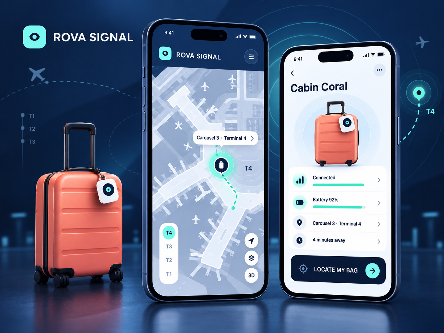 ROVA Signal smart luggage tracking app screens
